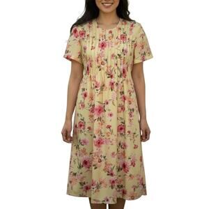 Vintage Floral Midi Dress Petite 10P Yellow Pleated Belted Cottagecore